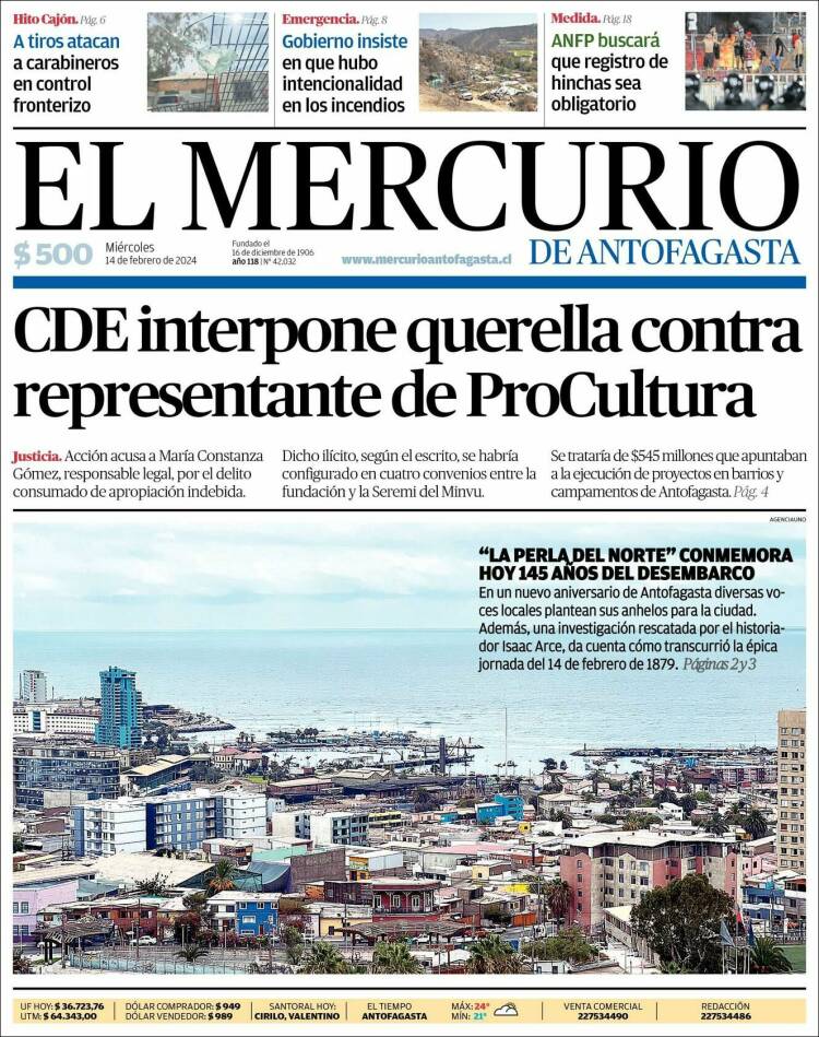 Portada de El Mercurio de Antofagasta (Chile)