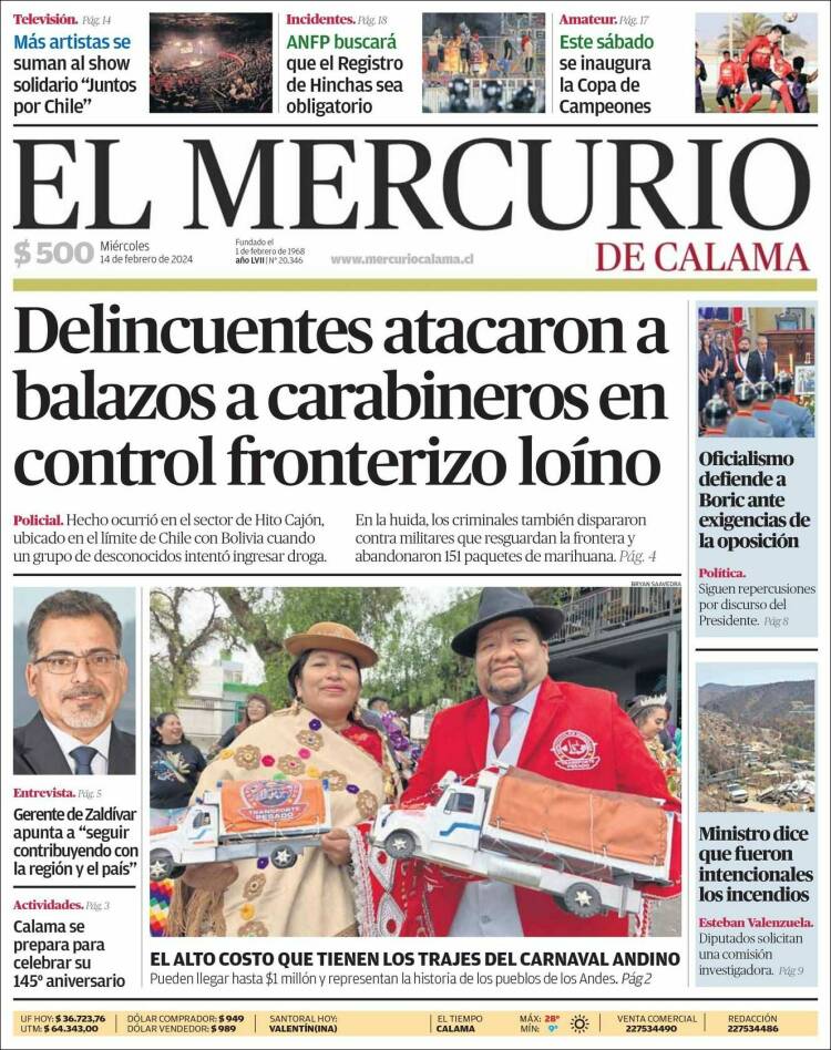 Portada de El Mercurio - Calama (Chile)