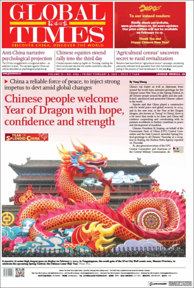 Portada de The Global Times (China)