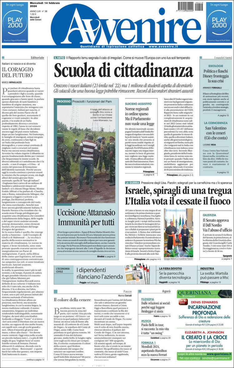 Portada de Avvenire (Italia)