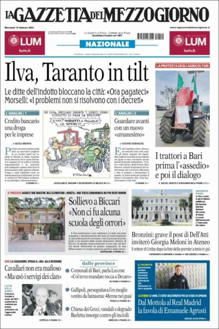 Portada de La Gazzetta del Mezzogiorno (Italia)