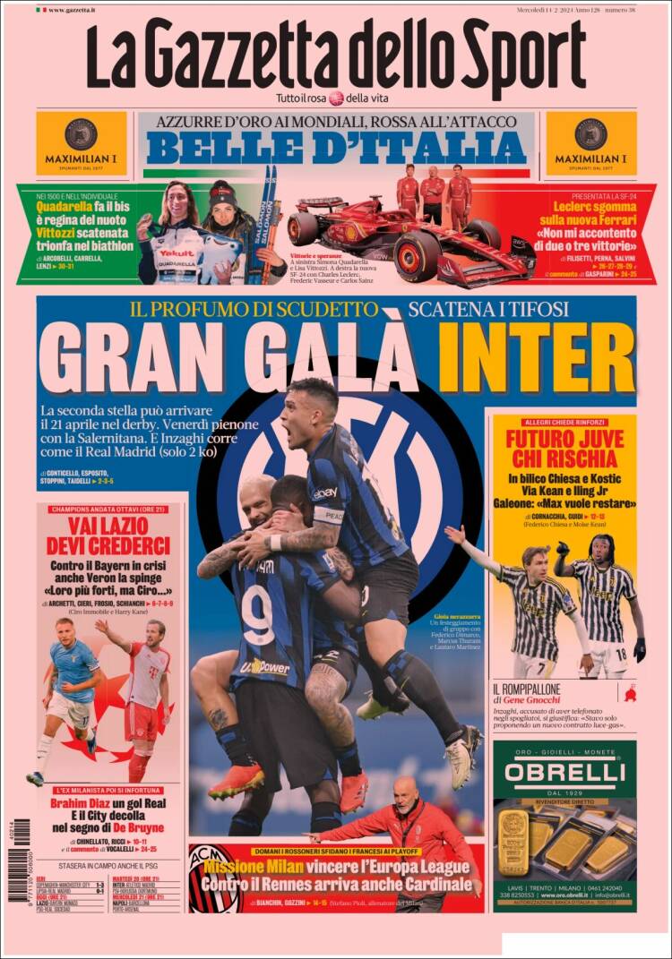 Portada de La Gazzetta dello Sport (Italia)