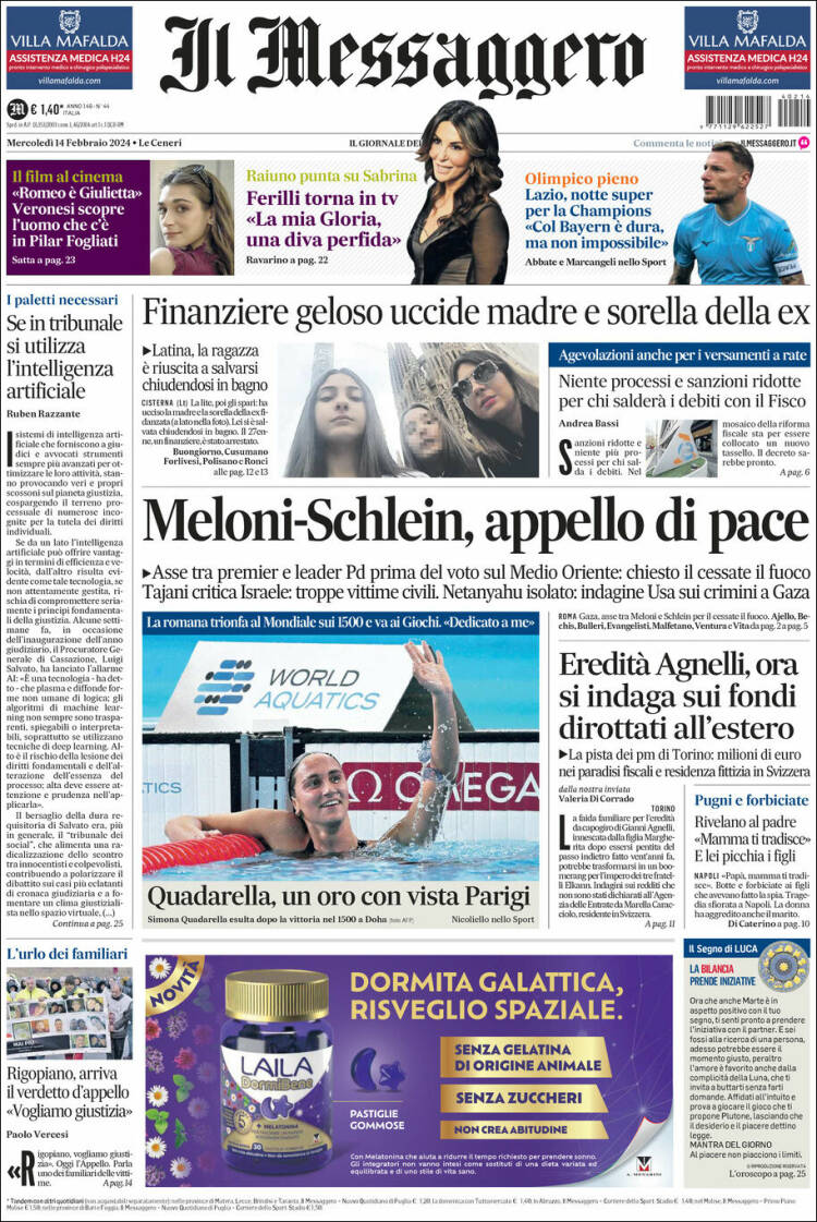 Portada de Il Messaggero (Italia)