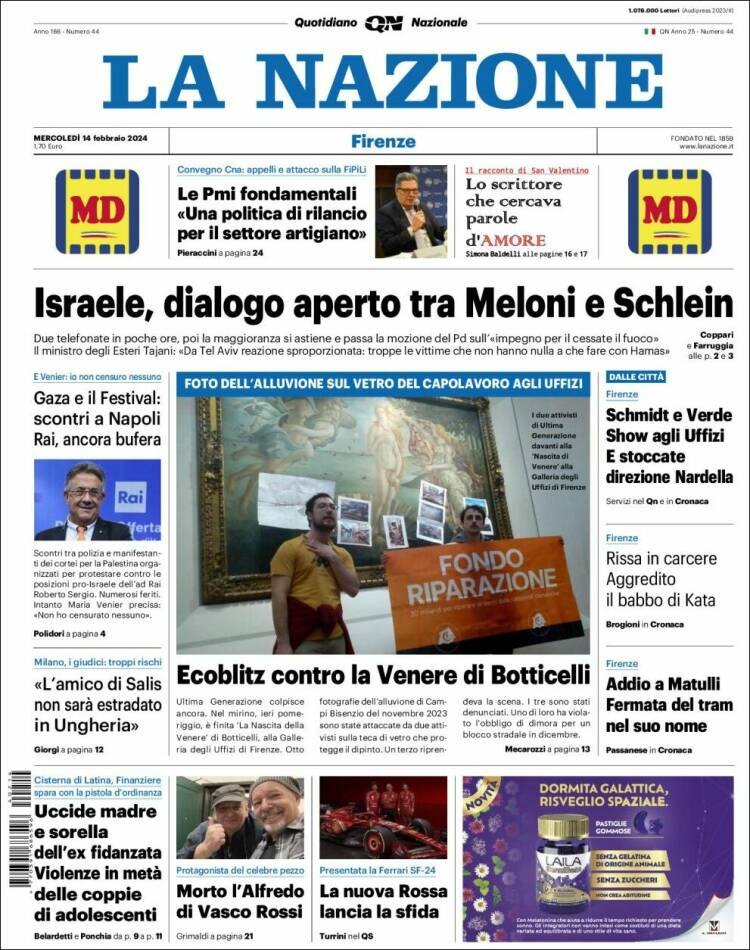 Portada de La Nazione (Italia)