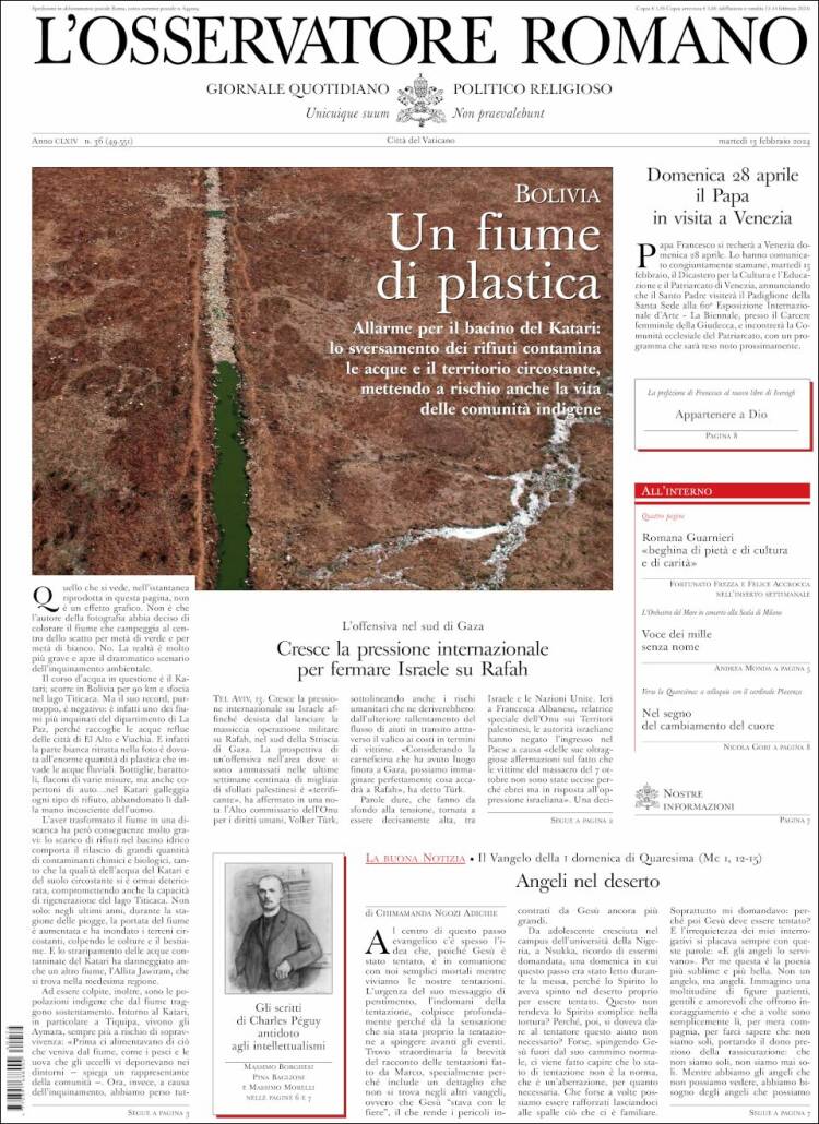 Portada de L'Osservatore Romano (Italia)