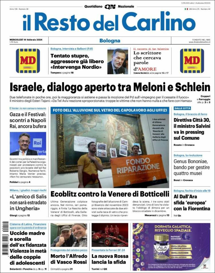 Portada de Il Resto del Carlino (Italia)