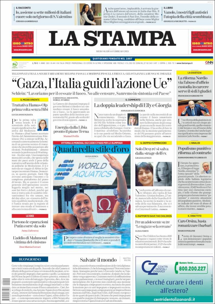 Portada de La Stampa (Italia)