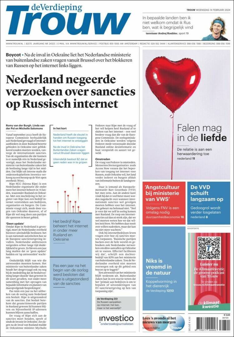 Portada de Trouw (Pa&iacute;ses Bajos)