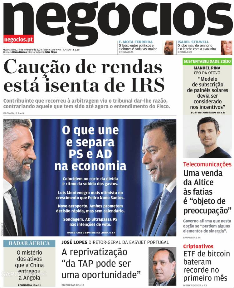 Portada de Jornal de Negócios (Portugal)
