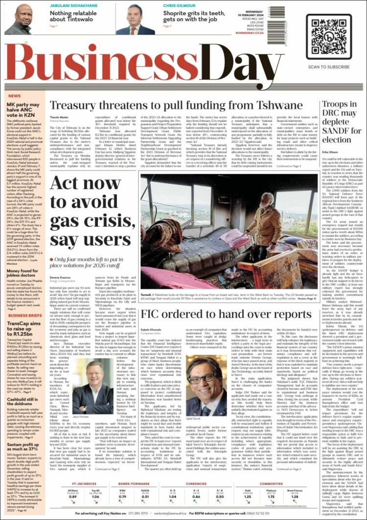 Portada de Business Day (Sud&aacute;frica)