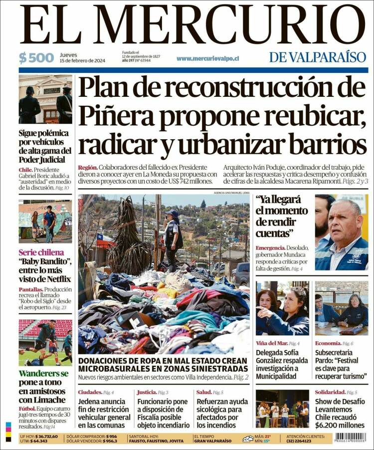 Portada de Mercurio de Valparaiso (Chile)