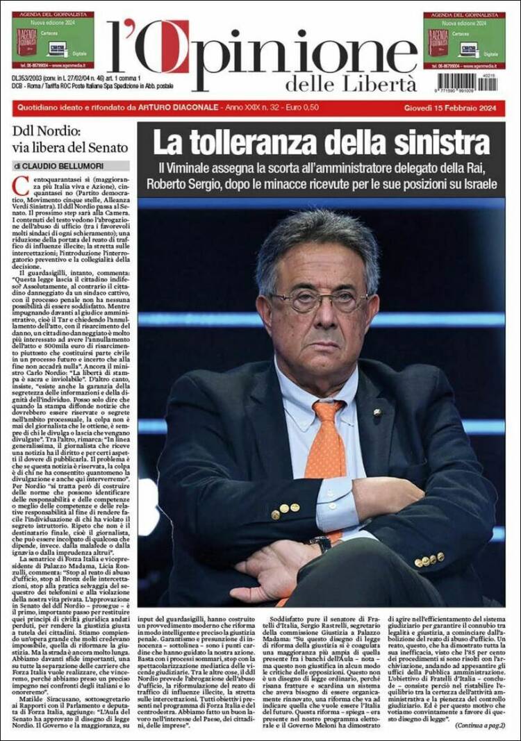 Portada de L'Opinione  delle Libertà (Italia)