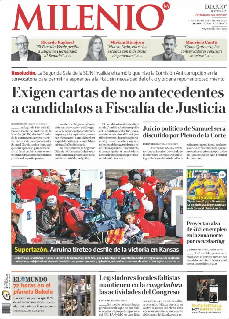 Portada de Milenio de Monterrey (México)