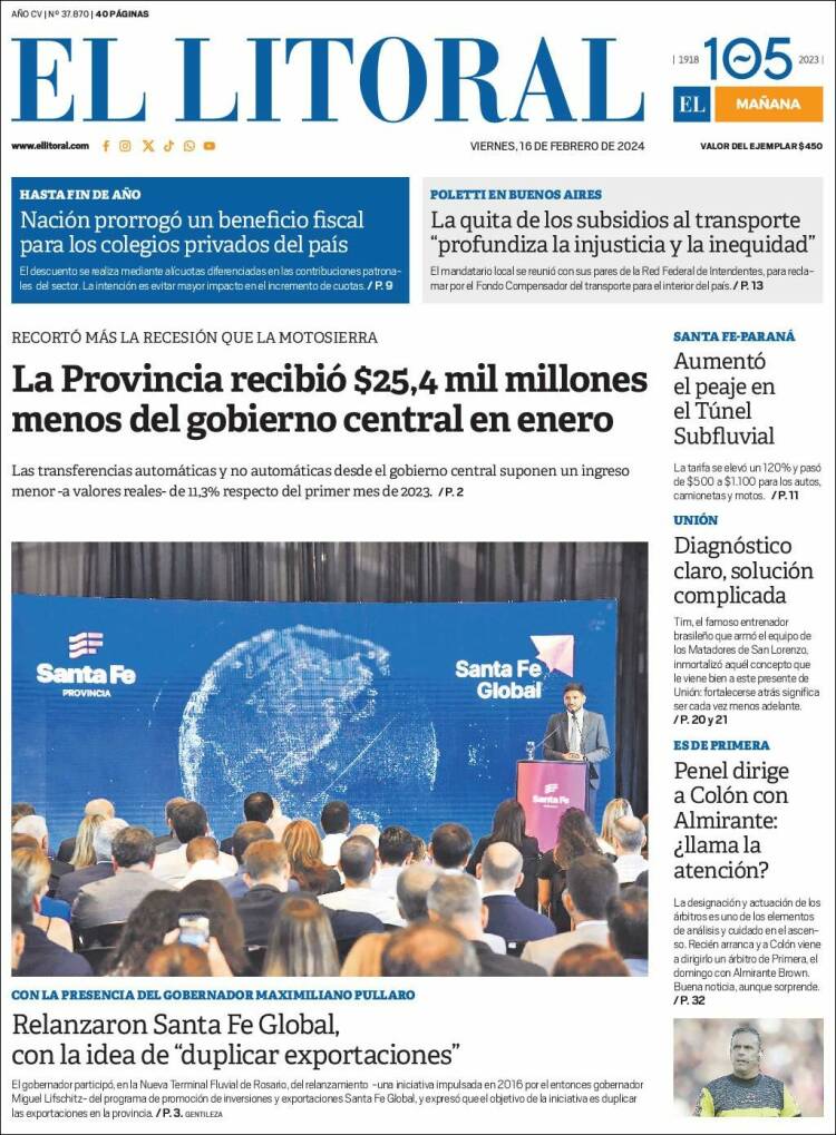 Portada de Diario El Litoral (Argentina)