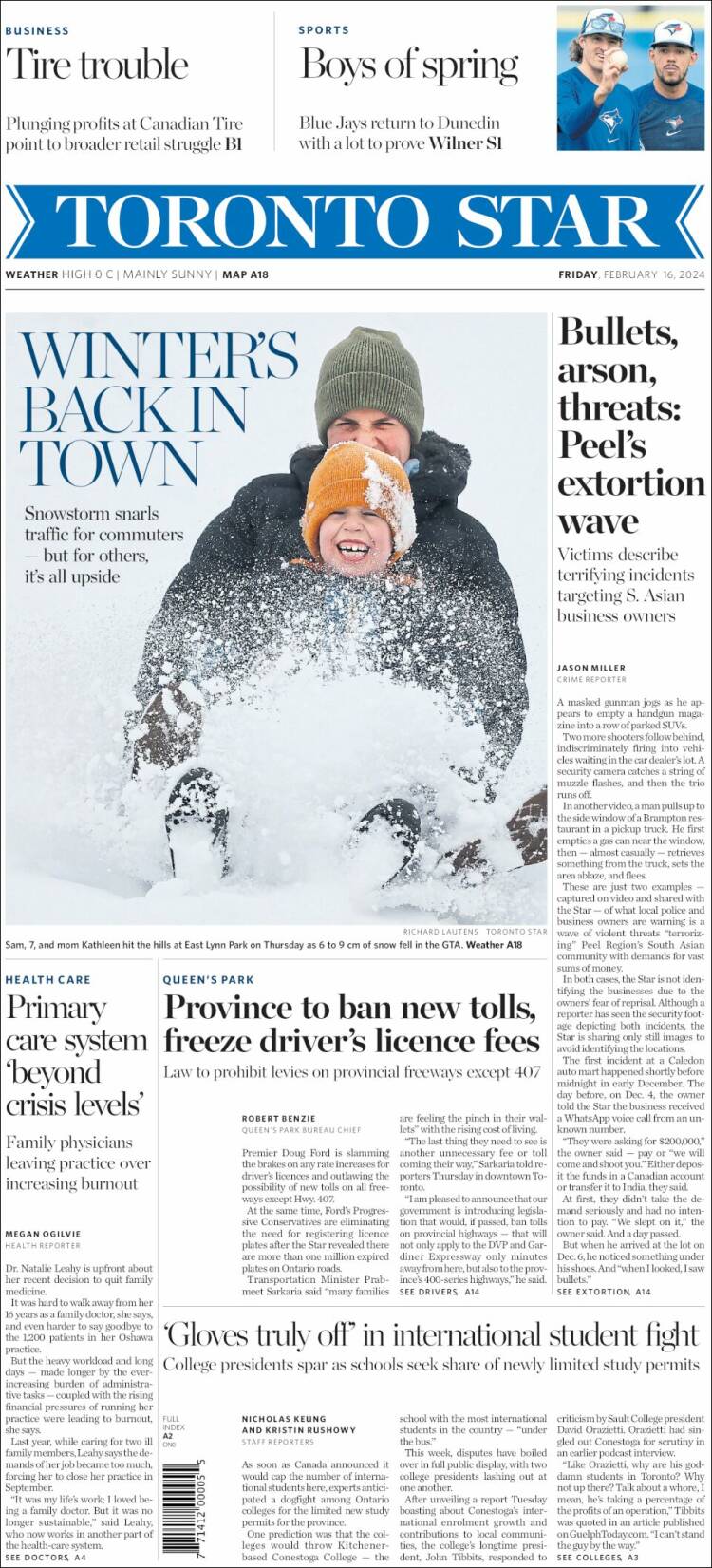 Portada de The Toronto Star (Canadá)