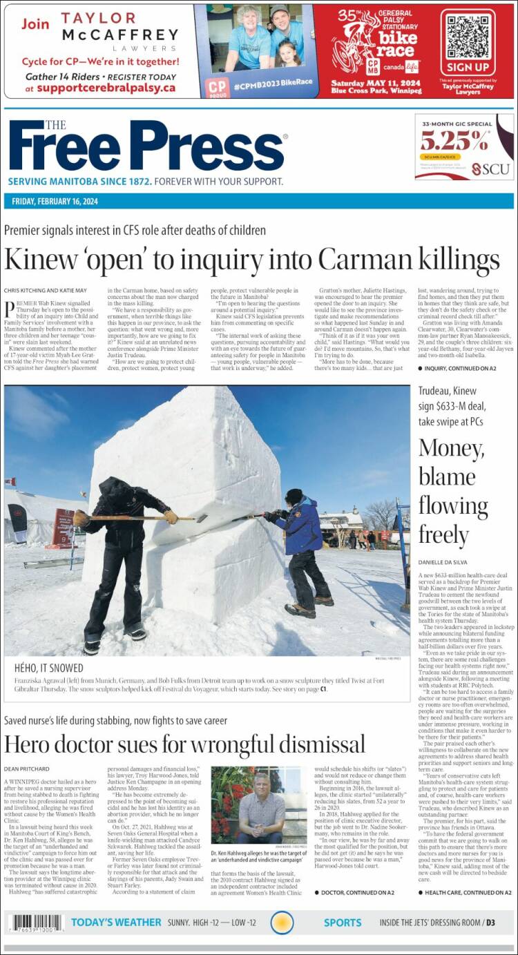 Portada de Winnipeg Free Press (Canadá)