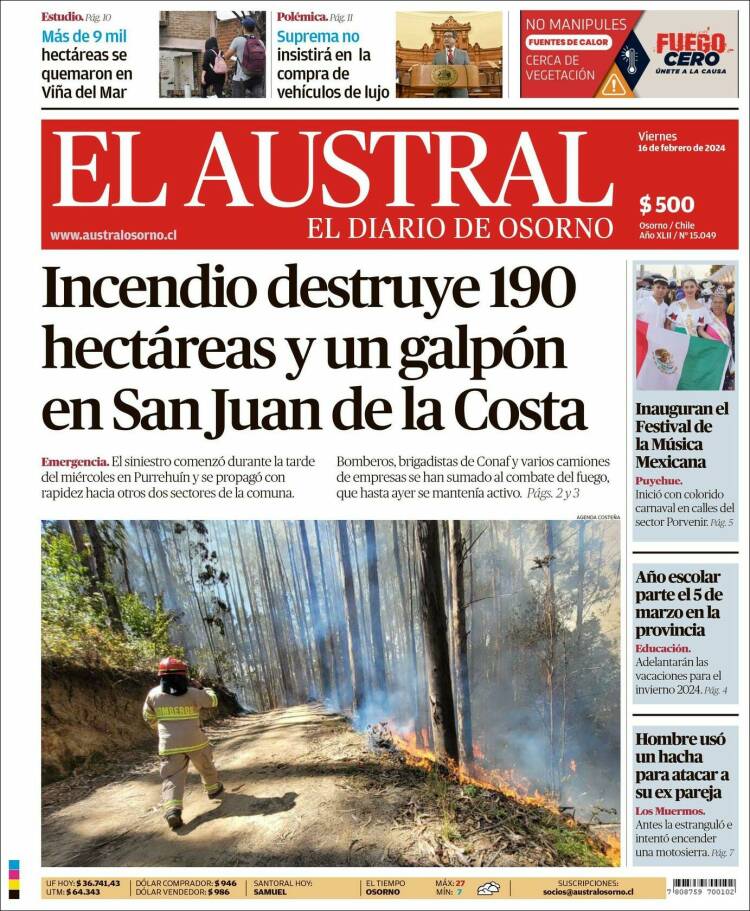 Portada de El Austral de Osorno (Chile)