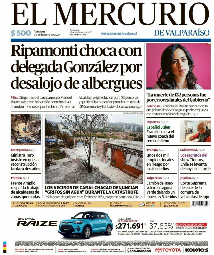 Portada de Mercurio de Valparaiso (Chile)