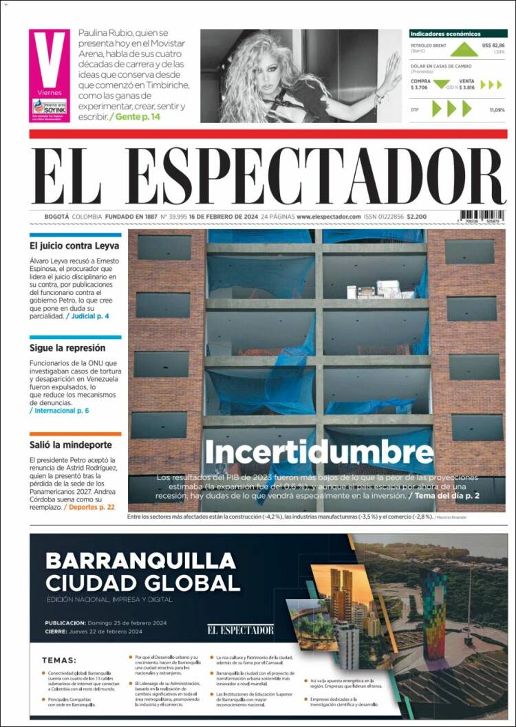 Portada de El Espectador (Colombia)