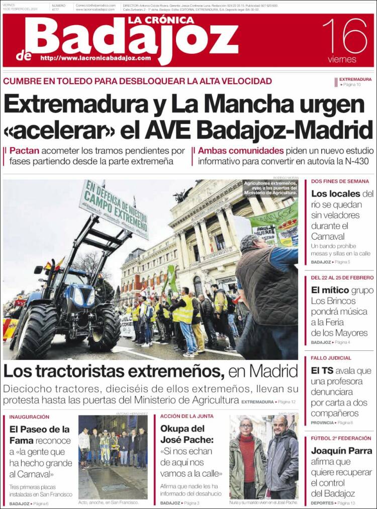 Portada de La Crónica de Badajoz (España)