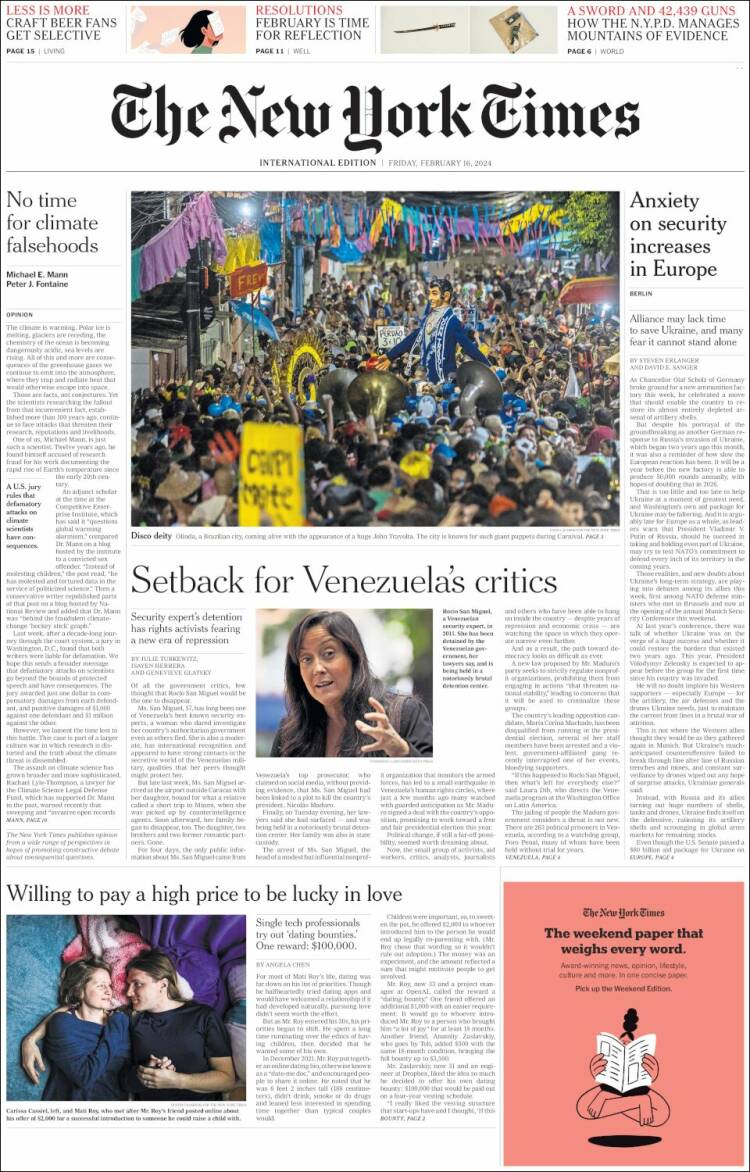 Portada de International New York Times (Europa)