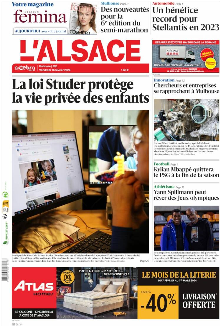 Portada de Journal L'Alsace (Francia)