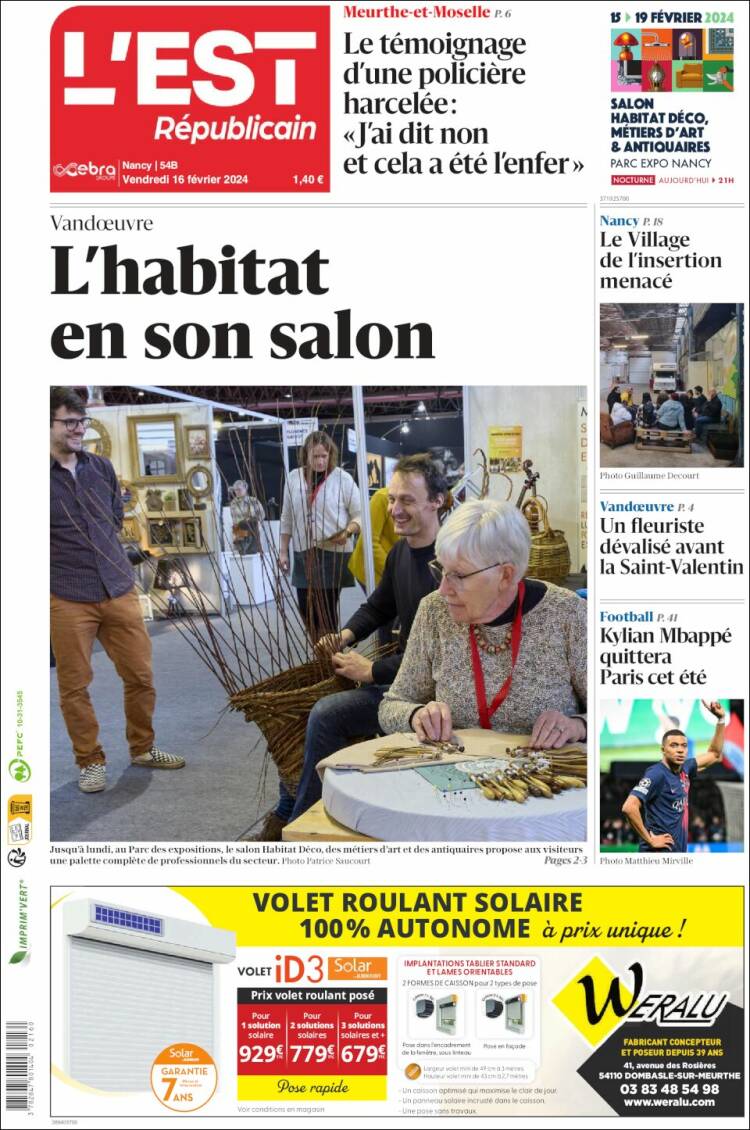 Portada de L'Est Republicain (Francia)