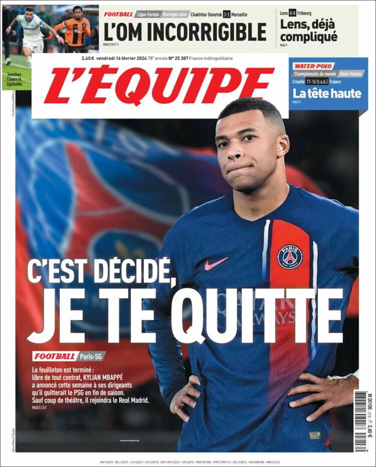 Portada de L'Equipe (Francia)