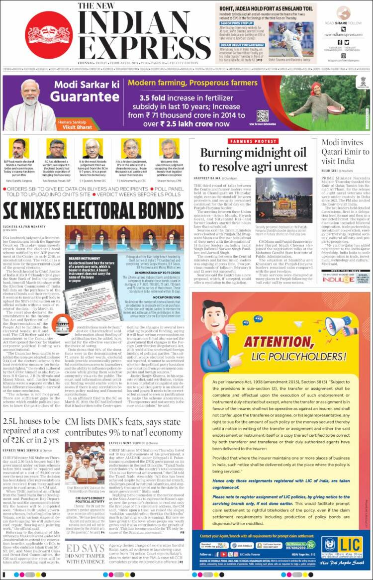 Portada de New Indian Express (India)