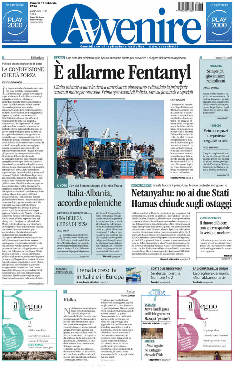 Portada de Avvenire (Italia)
