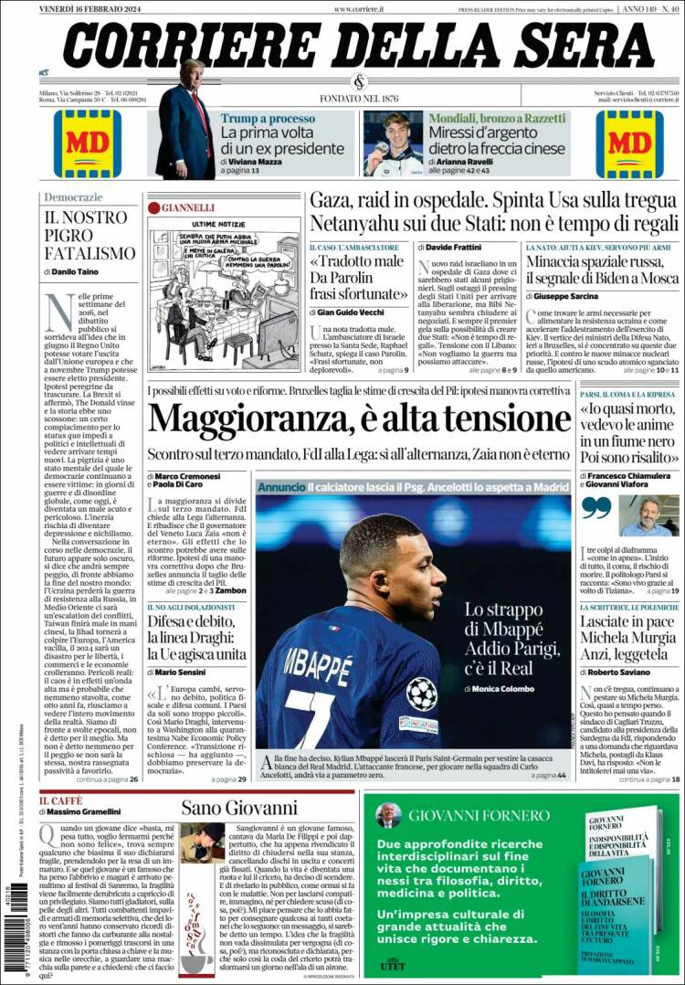 Portada de Corriere della Sera (Italia)