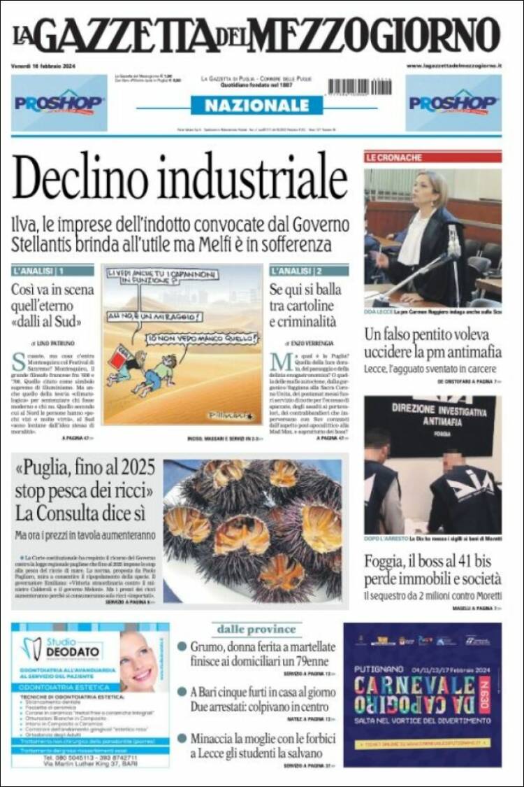 Portada de La Gazzetta del Mezzogiorno (Italia)