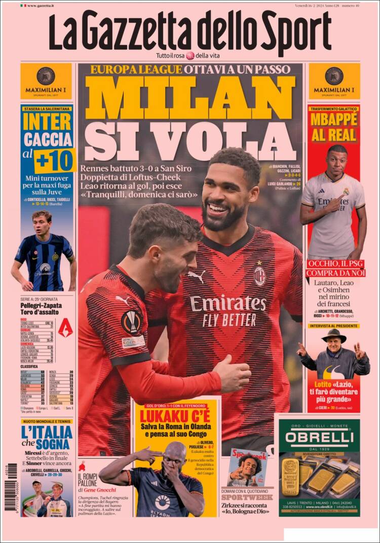 Portada de La Gazzetta dello Sport (Italia)