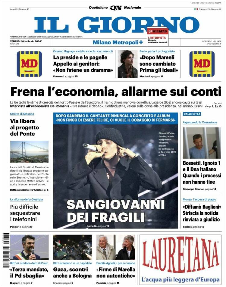 Portada de Il Giorno (Italia)