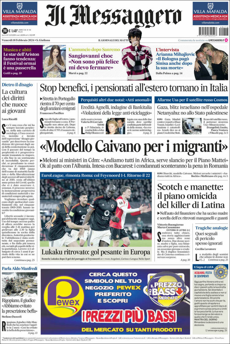 Portada de Il Messaggero (Italia)