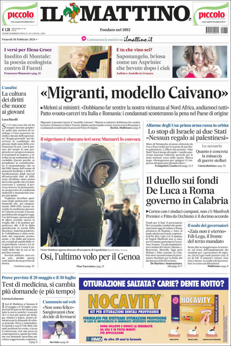 Portada de Il Mattino (Italia)