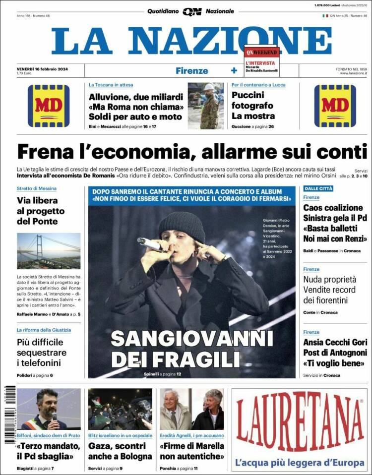 Portada de La Nazione (Italia)