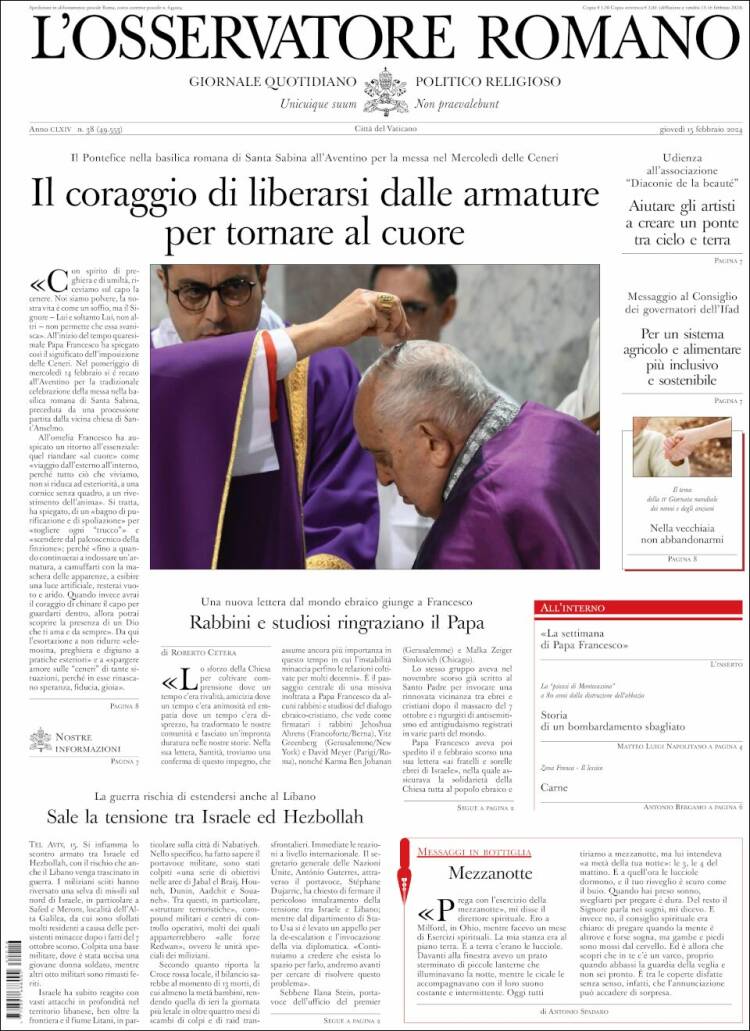 Portada de L'Osservatore Romano (Italia)