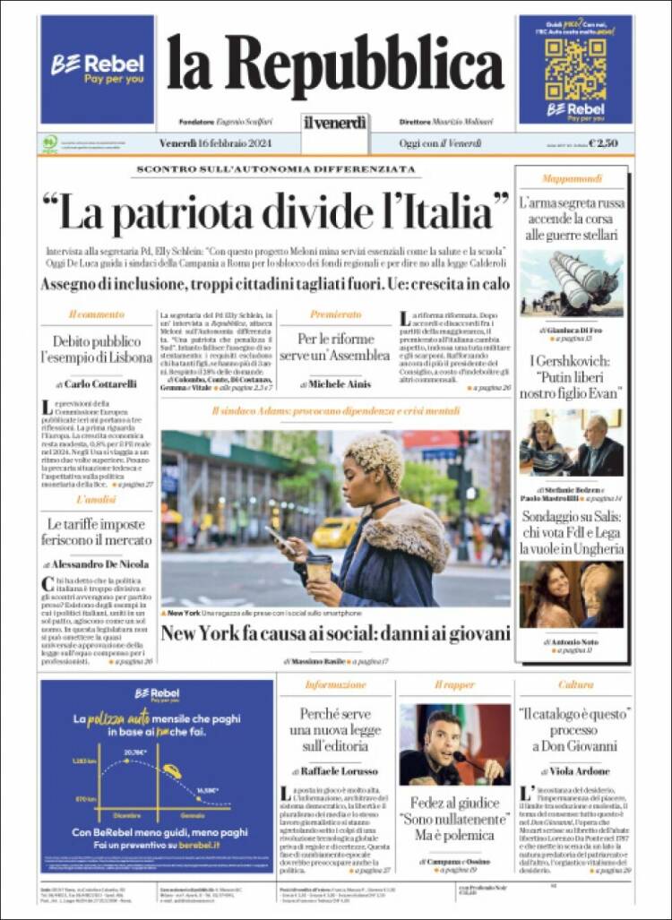 Portada de La Repubblica (Italia)