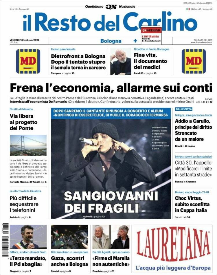 Portada de Il Resto del Carlino (Italia)