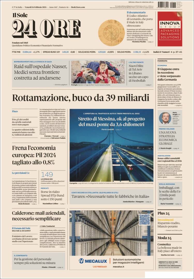 Portada de Il Sole 24 ORE (Italia)