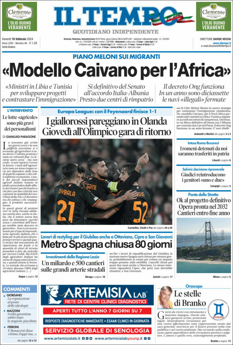 Portada de Il Tempo (Italia)