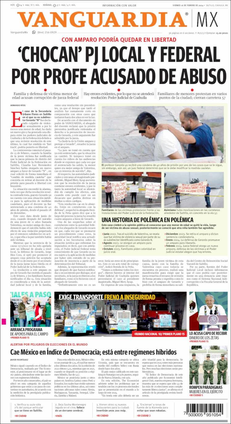 Portada de Vanguardia (M&eacute;xico)