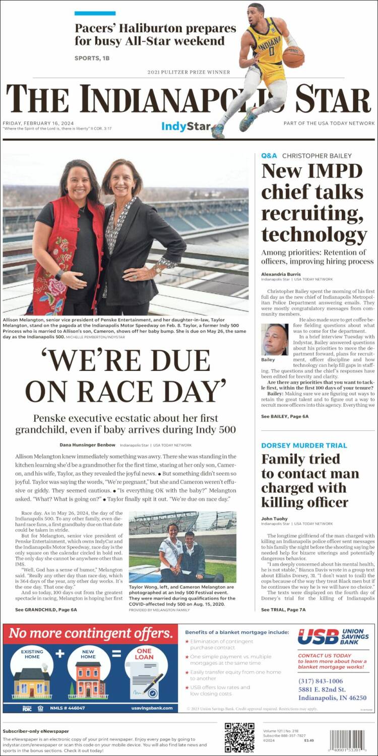 Portada de The Indianapolis Star (USA)