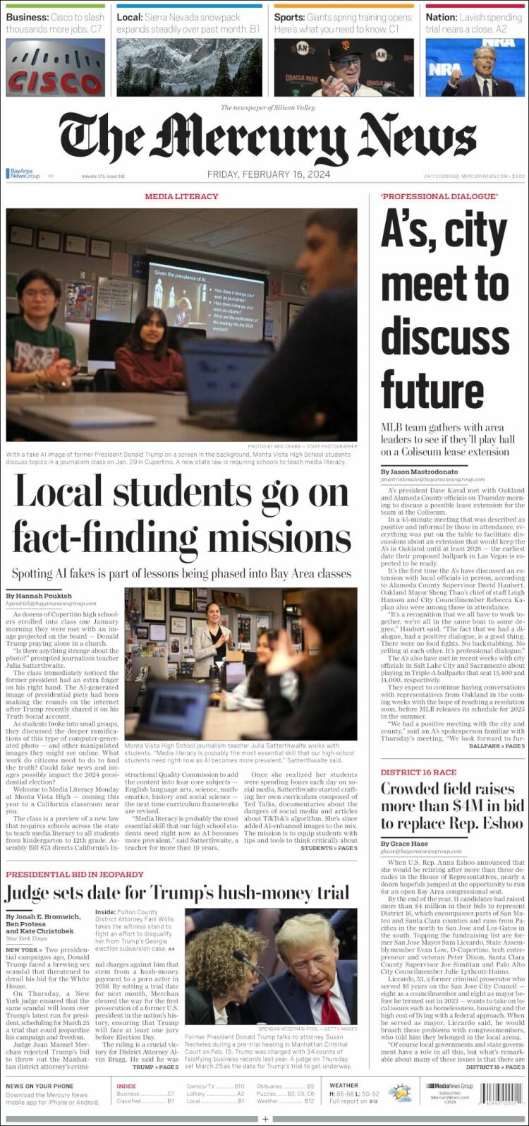 Portada de San Jose Mercury News (USA)