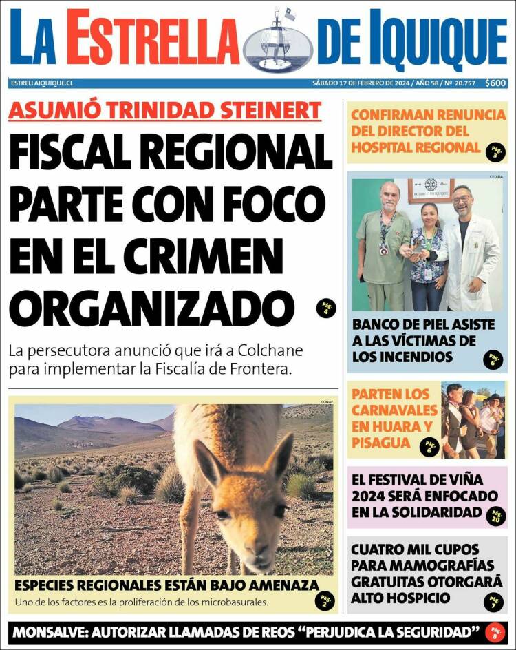 Portada de La Estrella de Iquique (Chile)