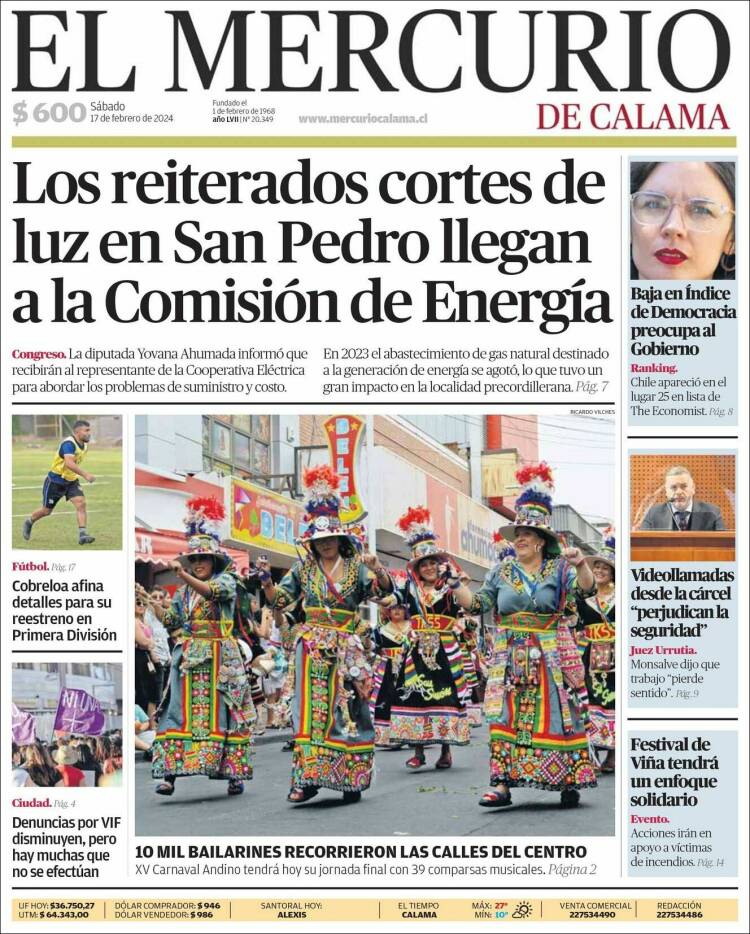 Portada de El Mercurio - Calama (Chile)