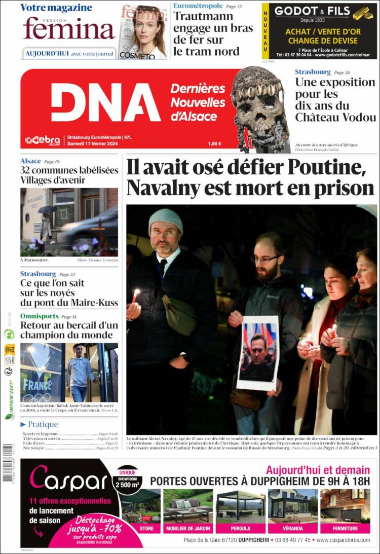 Portada de Les Dernières Nouvelles d'Alsace (Francia)