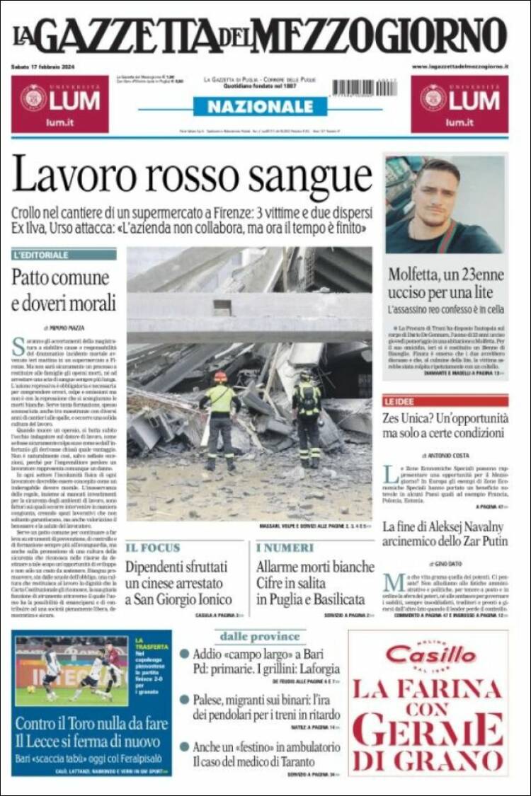 Portada de La Gazzetta del Mezzogiorno (Italia)