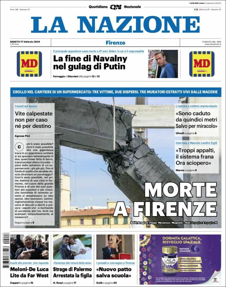 Portada de La Nazione (Italia)